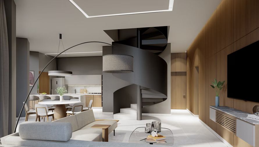 Interior moderno con escalera de caracol